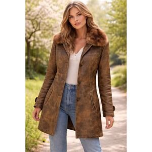 Womens Vintage Distressed Faux Leather Coat Fur Collar Car Coat Brown 44